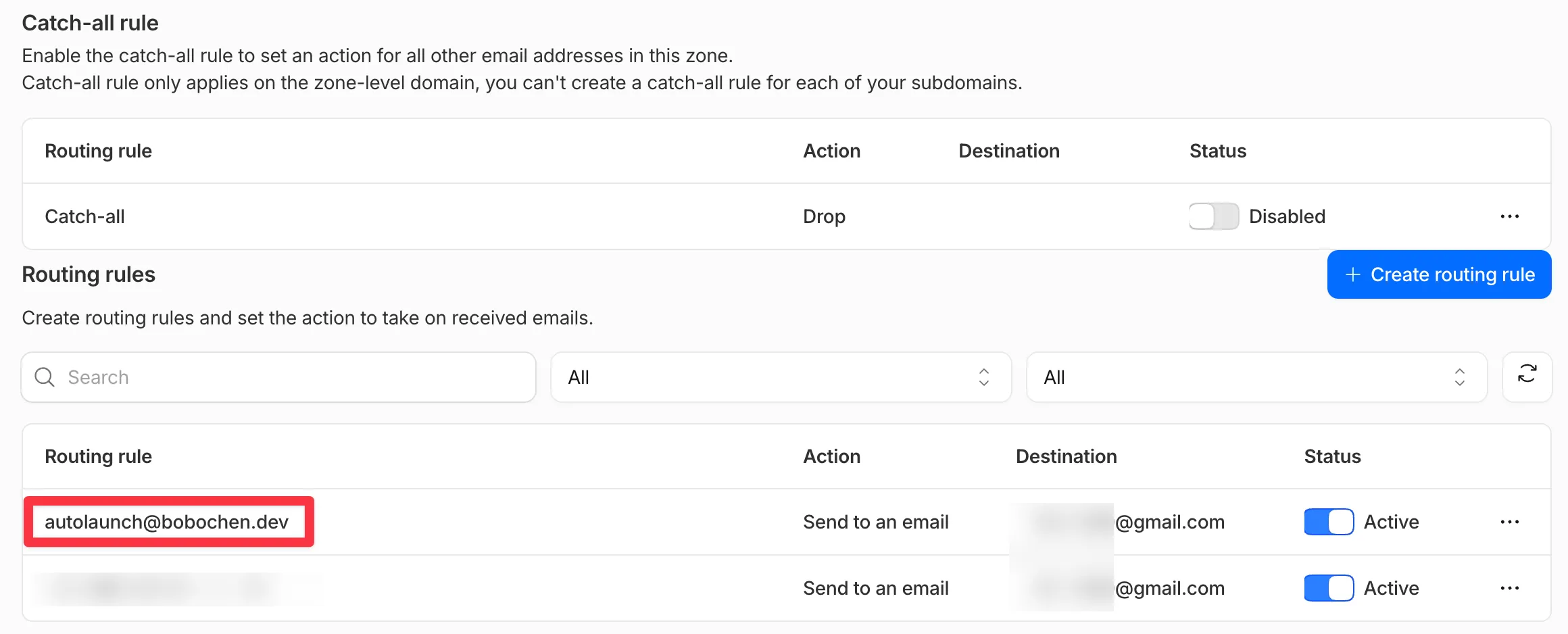 Email Routing 的 Routing rules 分頁:上半部 Catch-all rule 說明它只作用在 zone 層級網域、不能為子網域建立,目前 Action 為 Drop、狀態 Disabled;下半部的規則列表中,以紅框標出的 autolaunch@bobochen.dev 一列,Action 為 Send to an email、Destination 是已遮蔽的 Gmail 位址、Status 為 Active