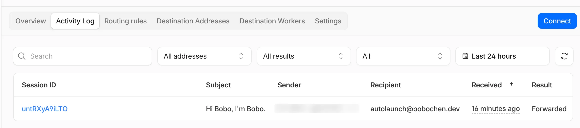 Email Routing 的 Activity Log 分頁,欄位為 Session ID、Subject、Sender、Recipient、Received、Result;一筆記錄的主旨是「Hi Bobo, I'm Bobo.」,收件者為 autolaunch@bobochen.dev,16 分鐘前收到,Result 欄顯示 Forwarded
