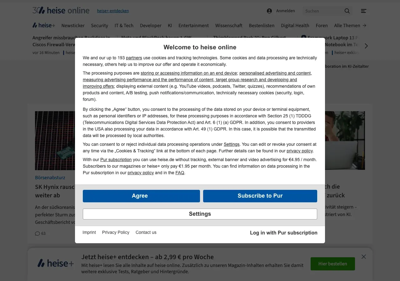 heise.de 首頁的 cookie 同意視窗，標題「Welcome to heise online」，第一句寫著他們和最多 193 家合作夥伴使用 cookie 與追蹤技術。底部三顆按鈕：藍色的「Agree」、藍色的「Subscribe to Pur」（付費訂閱去廣告），以及白底外框的「Settings」。整個視窗沒有任何一顆拒絕按鈕