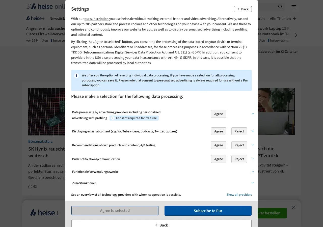 heise.de 同意視窗的第二層設定頁，標題「Settings」，說明文字裡的合作夥伴數量變成最多 205 家。中間列出多項資料處理用途，每一項右邊有「Agree」和「Reject」兩顆按鈕；但最上面那一項「Data processing by advertising providers including personalised advertising with profiling」只有「Agree」一顆，旁邊標註「Consent required for free use」
