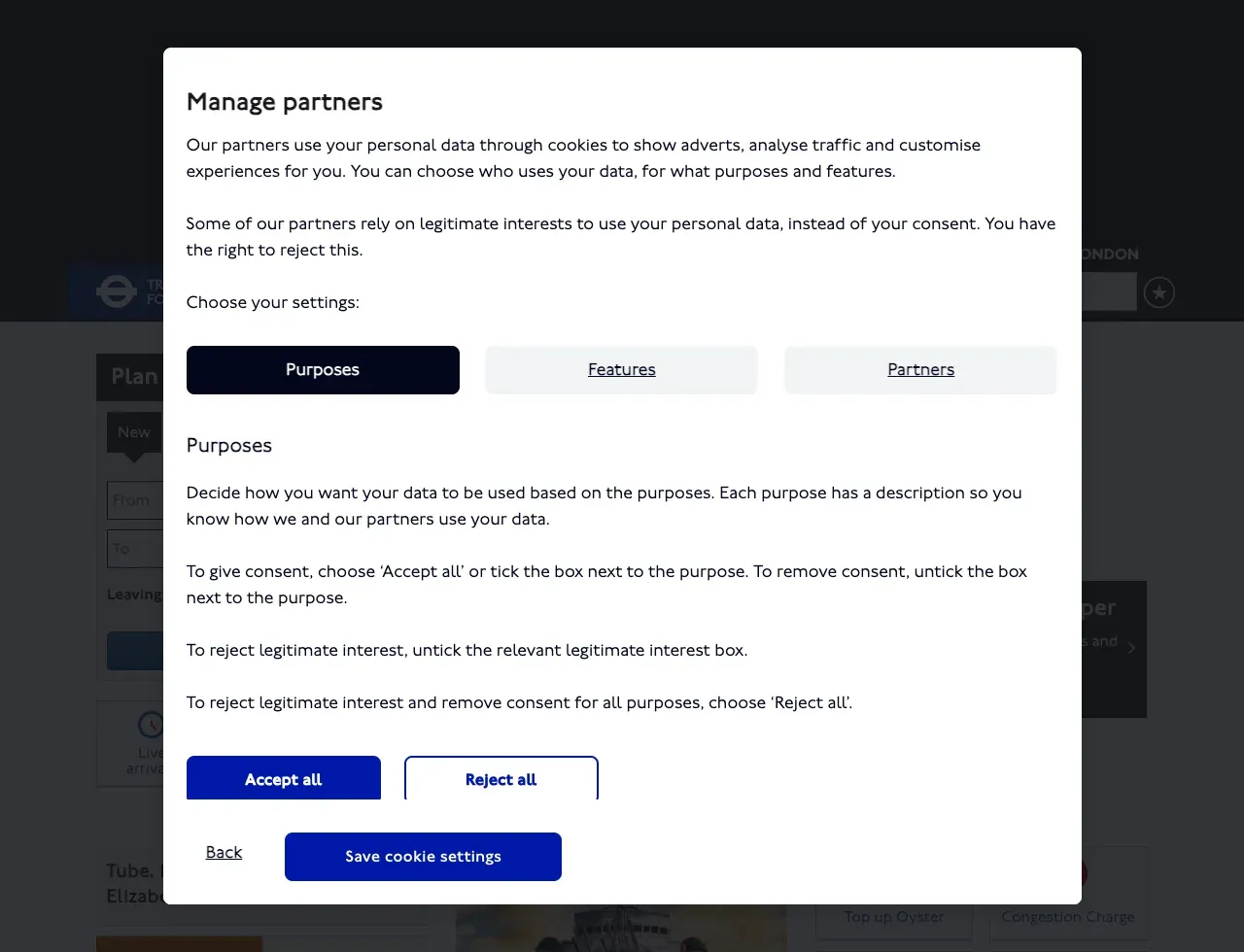 倫敦交通局 cookie 設定的第三層畫面，標題「Manage partners」，內文寫著部分合作夥伴依據正當利益而非你的同意來使用你的個人資料、而你有權拒絕。下方分成 Purposes、Features、Partners 三個分頁，操作說明寫著若要拒絕正當利益，必須逐項取消勾選相對應的正當利益方框