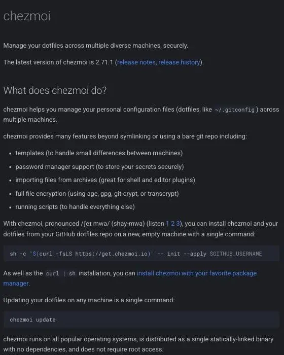 chezmoi 官方文件首頁，說明它跨多台機器管理 dotfiles，功能條列包含 templates、password manager 支援、整檔加密與執行腳本；下方句子寫著 With chezmoi, pronounced /ʃeɪ mwa/ (shay-mwa)，並附上 1 2 3 三個發音連結