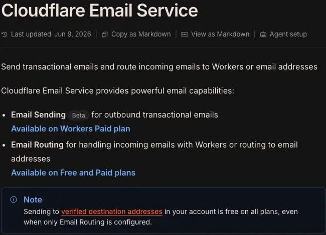 Cloudflare Email Service 文件首頁,條列兩項能力:Email Sending(標示 Beta)負責對外的交易型郵件,註明「Available on Workers Paid plan」;Email Routing 負責處理進來的信件、轉發給 Workers 或其他信箱,註明「Available on Free and Paid plans」。下方提示框說明即使只設定了 Email Routing,寄送到帳號內已驗證的目的地位址仍是免費的