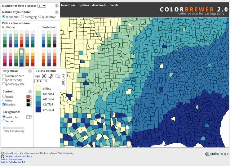 ColorBrewer 2.0 網站選取 5 級 YlGnBu 色階，右側預覽 choropleth 上色效果，左下可勾選 colorblind safe／print friendly 過濾，右欄列出 5 個 HEX 色碼