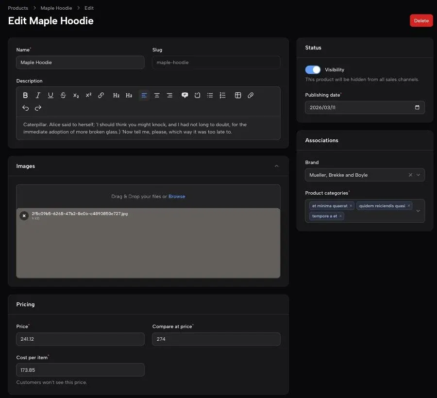 Filament 5 demo 的商品編輯頁：左欄有名稱、Slug、所見即所得的描述編輯器、拖放上傳的圖片區塊、價格欄位；右欄獨立卡片顯示 Visibility 開關、上架日期，以及品牌下拉與商品分類多選標籤