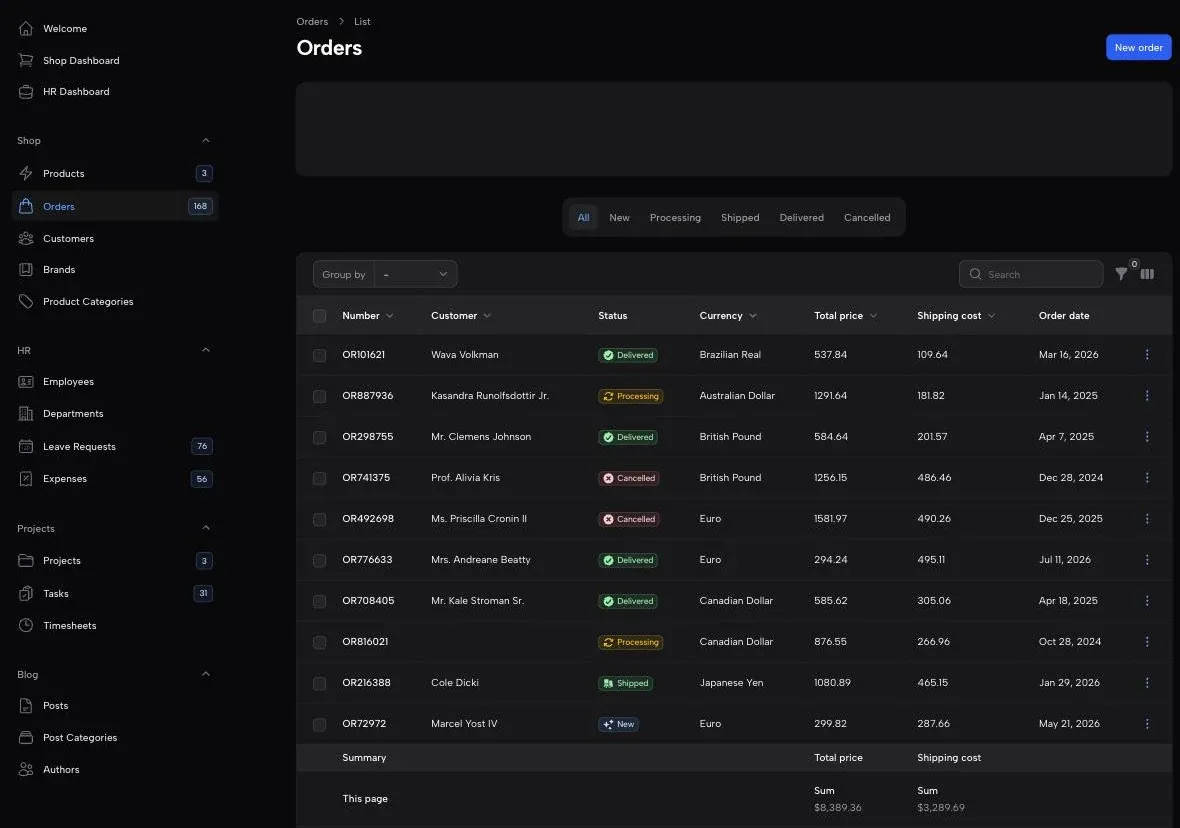 Filament 5 demo 的訂單列表頁：左側為 Panel 導覽選單，主區有 All／New／Processing／Shipped／Delivered／Cancelled 分頁篩選、Group by 下拉、搜尋框，表格每欄可排序，狀態欄以彩色 badge 呈現，最下方 Summary 列自動計算本頁與全部訂單的金額總和