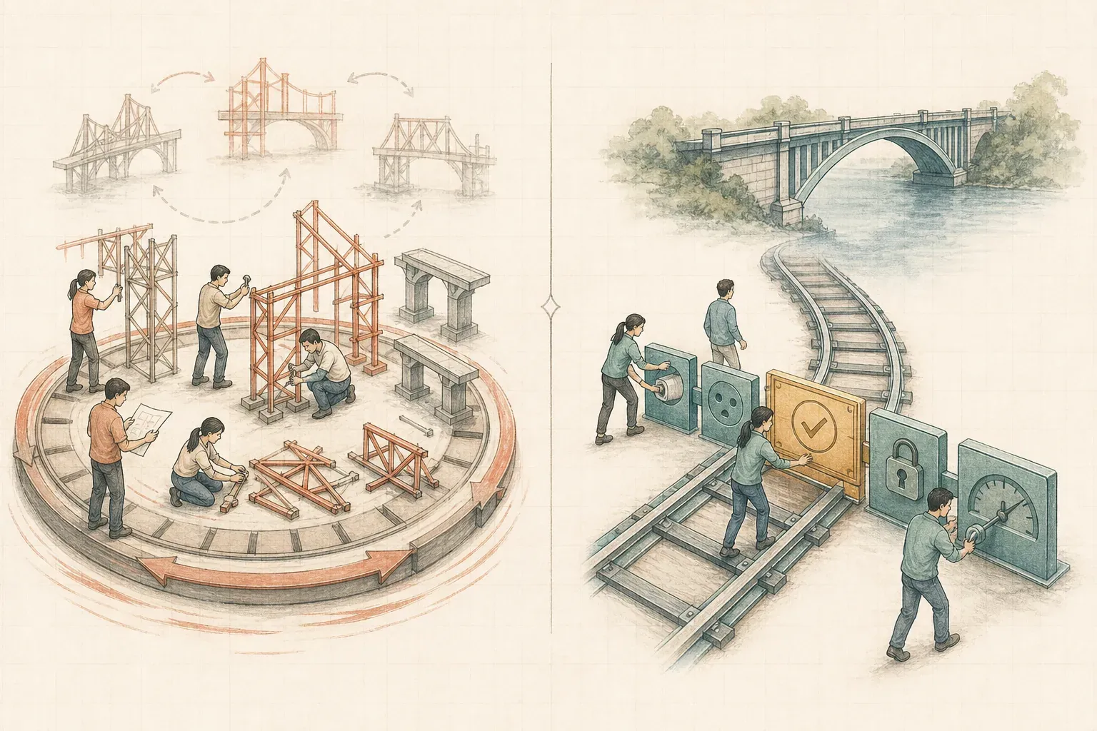 左邊的小型工程團隊困在圓形跑道上，反覆拆掉舊鷹架、改搭另一座新鷹架，橋梁始終無法完工；右邊團隊不再追逐短命框架，而是沿著由介面、黃金題庫、權限鎖與追蹤儀表組成的穩固軌道前進，最後抵達能長期使用的 production 橋梁
