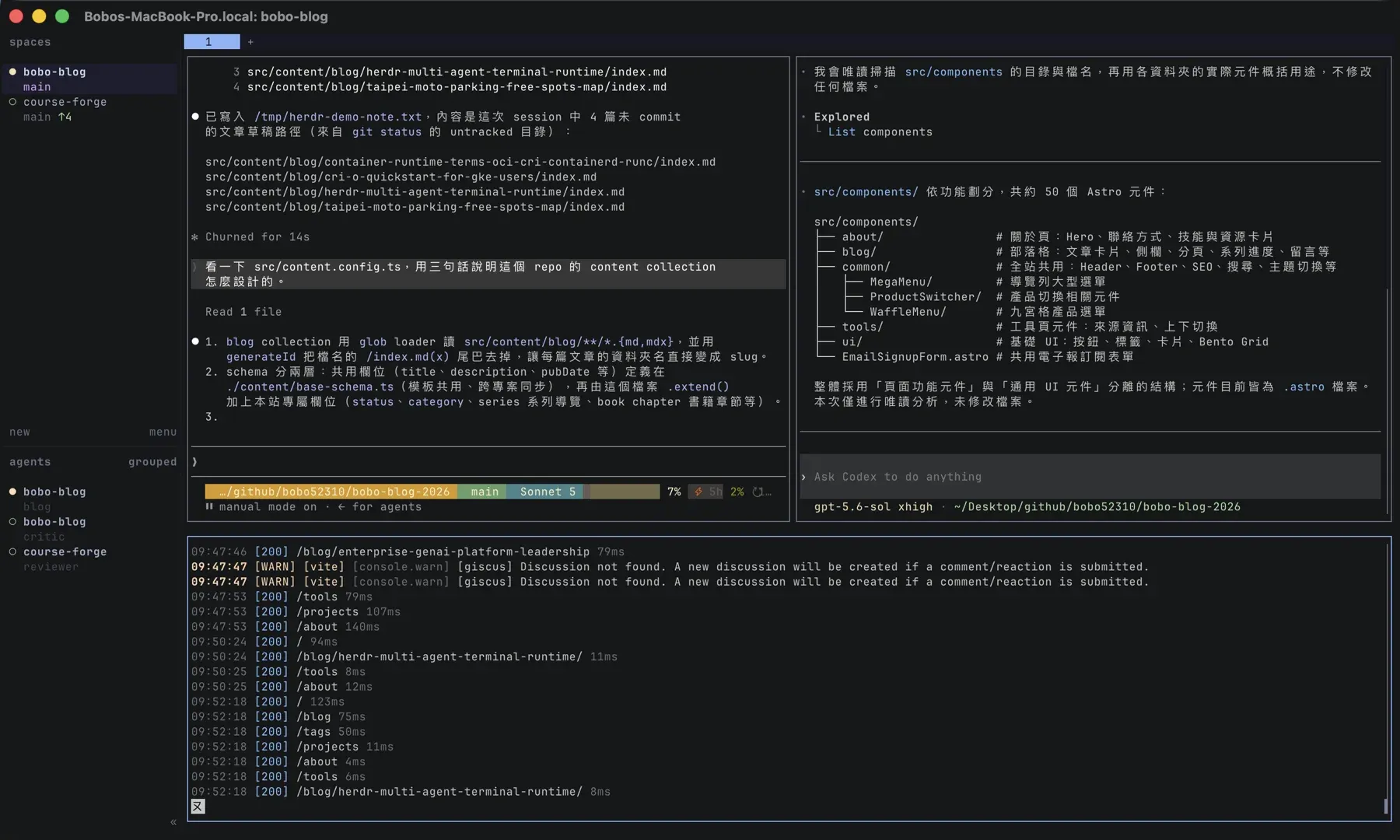 Herdr 的終端機畫面，同一個 session 裡三隻 agent 同時在跑。左側邊欄 agents 區塊列出三筆：bobo-blog 底下的 blog（前面是黃色圓點，正在跑）與 critic、以及 course-forge 底下的 reviewer。右側主區域分成三格：左上是 Claude Code，正在回答關於這個 repo content collection 設計的問題，已經列出 glob loader 與 schema 分兩層兩點；右上是剛剛用 CLI 啟動的 Codex，已經輸出 src/components 底下 about、blog、common、tools、ui 等資料夾的樹狀結構與逐項用途說明，底部狀態列顯示 gpt-5.6-sol xhigh 與專案路徑；下方橫跨整排的是 Astro dev server 的即時 log，連續多筆 HTTP 200 回應，包含這篇文章自己的網址