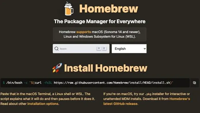 Homebrew 官網首頁：標題下方的副標寫著 The Package Manager for Everywhere，並註明支援 macOS（Sonoma 14 以上）、Linux 以及 Windows Subsystem for Linux；下方 Install Homebrew 區塊給出一行 bash 安裝指令，說明可貼進 macOS 終端機、Linux shell 或 WSL 執行，腳本會先解釋它要做什麼再暫停等你確認；macOS 使用者另有 .pkg 安裝檔可選