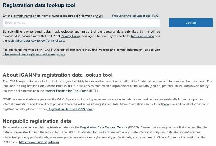 ICANN Lookup 的 Registration data lookup tool 頁面:上方是輸入網域名稱或 IP/ASN 的查詢欄位與 Lookup 按鈕;下方說明段落指出這個工具使用 RDAP(Registration Data Access Protocol),該協定是為了取代 WHOIS(port 43)而由 IETF 技術社群制定,相較 WHOIS 具備更安全的資料存取、標準化且易讀的格式、國際化支援,以及對註冊資料提供分級存取的能力;另有 Nonpublic registration data 段落說明非公開資料需透過 RDRS 申請