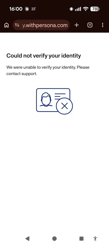 手機瀏覽器開啟 withpersona.com 的身分驗證頁面，顯示失敗訊息「Could not verify your identity — We were unable to verify your identity. Please contact support.」，下方是一張證件插圖搭配紅色叉號
