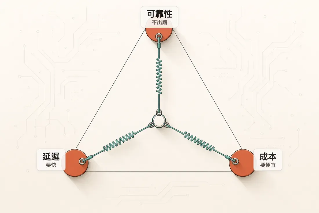 延遲、可靠性、成本的鐵三角：三股力量互相拉扯，把中心同時往三個方向拉開——你不可能三個都拉到極致