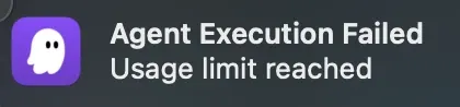 macOS 通知：Kiro 顯示 Agent Execution Failed，Usage limit reached