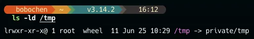 終端機畫面：執行 ls -ld /tmp，輸出 lrwxr-xr-x@ 1 root wheel 11 Jun 25 10:29 /tmp -> private/tmp，代表 /tmp 是一條指向 private/tmp 的捷徑