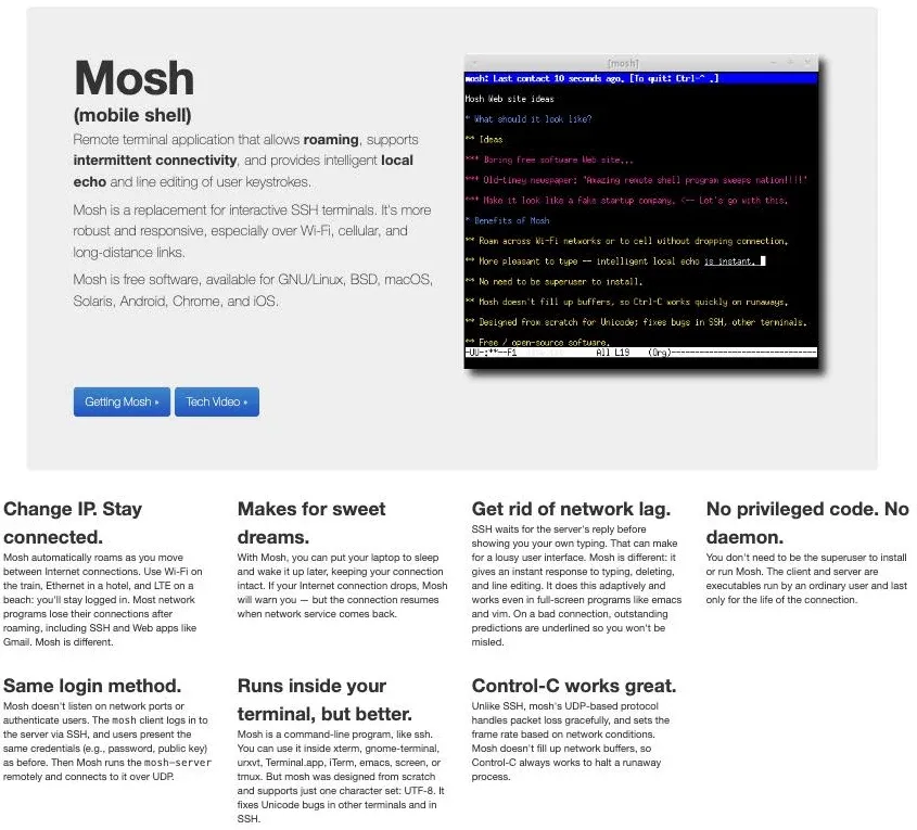 mosh.org 首頁,左側說明 Mosh 支援 roaming、間歇性連線與智慧 local echo,右側是 Mosh 執行中的終端機畫面,狀態列顯示「Last contact 10 seconds ago」;下方六個特色區塊分別為 Change IP. Stay connected.、Makes for sweet dreams.、Get rid of network lag.、No privileged code. No daemon.、Same login method.、Control-C works great.