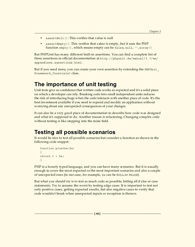 英文 PDF 技術書內頁，未裁切前的樣子。頁面內容是 PHPUnit 單元測試的章節，標題有 The importance of unit testing 和 Testing all possible scenarios，頁碼 49。整頁照原本紙本版面縮放，上下左右都留著很寬的米黃色空白，內文字體偏小