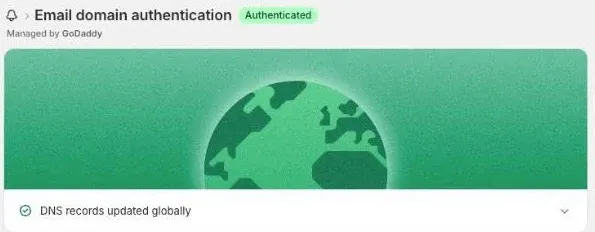 Shopify 後台的 Email domain authentication 設定頁面:網域名稱旁邊有一個狀態徽章,寫著 Authenticated;徽章下方有一行說明文字寫著 DNS records updated globally,表示 DNS 記錄已在全球各地的解析伺服器生效