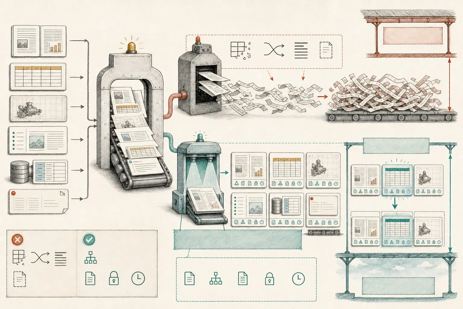 同一批包含雙欄報告、表格、掃描頁、Wiki、資料庫與工單的來源,進入 intake 後分成兩條結果:上方 OCR-only 把版面壓成散亂紙條,表格格線拆開、欄位閱讀順序交叉、標題層級與來源身分掉落,品質被低天花板卡住;下方版面感知解析保留欄位、表格與圖像,每張乾淨文件卡都附來源、章節、頁面、權限與更新時間圖示,文件變更時只替換單一卡片,讓下游 RAG 的品質上限保持可提升