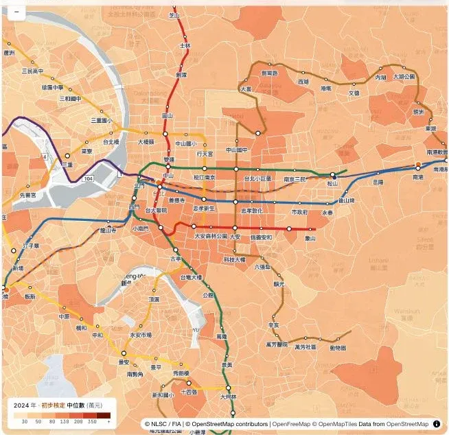 TaxMap 台北都會區地圖,村里界 polygon 密密麻麻鋪滿畫面並依所得上色,疊上捷運路網,左下為所得分級圖例