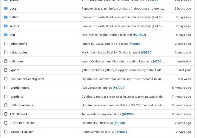 GitHub 上 astral-sh/uv 的 README 首屏:專案名稱 uv、一排 badges(pypi 版本、支援的 Python 版本、Discord)、一句話定位「An extremely fast Python package and project manager, written in Rust.」,接著是一張長條圖比較 uv 0.06s、poetry 0.99s、pdm 1.90s、pip-sync 4.63s 的安裝耗時,最後是 Highlights 條列