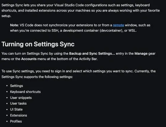 VS Code 官方文件的 Settings Sync 頁面：開頭說明 Settings Sync 可讓你的設定、快捷鍵與已安裝的擴充套件跨機器共用；緊接著一個 Note 指出 VS Code 不會與 remote 視窗同步擴充套件，例如透過 SSH 連線、devcontainer 或 WSL 的情況；下方列出目前支援同步的項目——Settings、Keyboard shortcuts、User snippets、User tasks、UI State、Extensions、Profiles；並說明登入時可選擇 Microsoft 或 GitHub 帳號